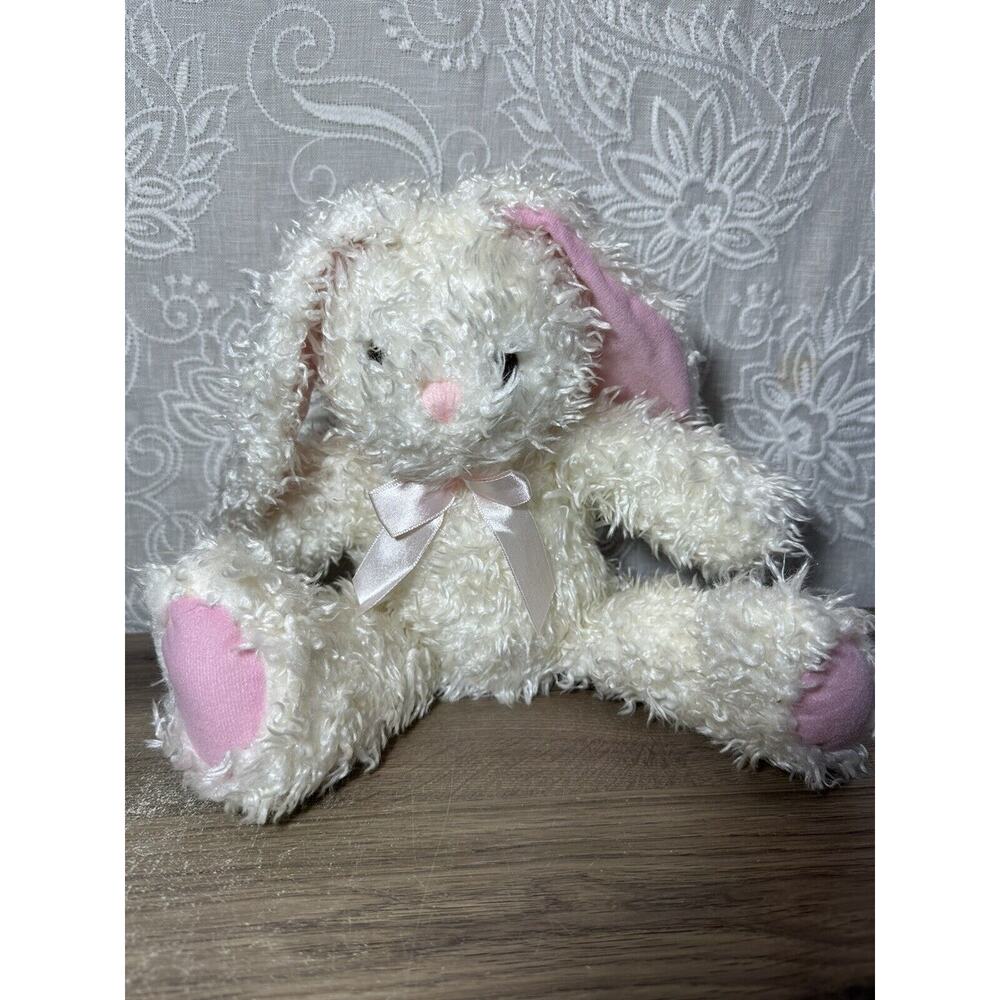 Pier 1 Easter Bunny Plush Rabbit Curly Hair Pink Bow 13” Stuffed Pink Bow Ears